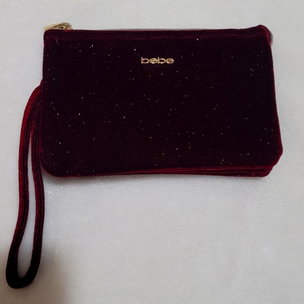 Bebe Burgundy Velour Sparkly Wristlet New